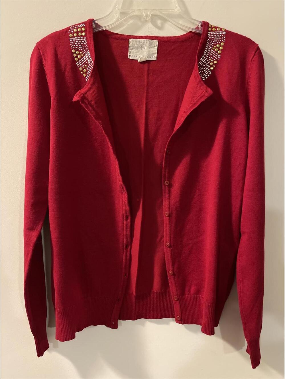 Debbie Morgan Womens Medium Red Jeweled Long Sleeve Cardigan! A2676